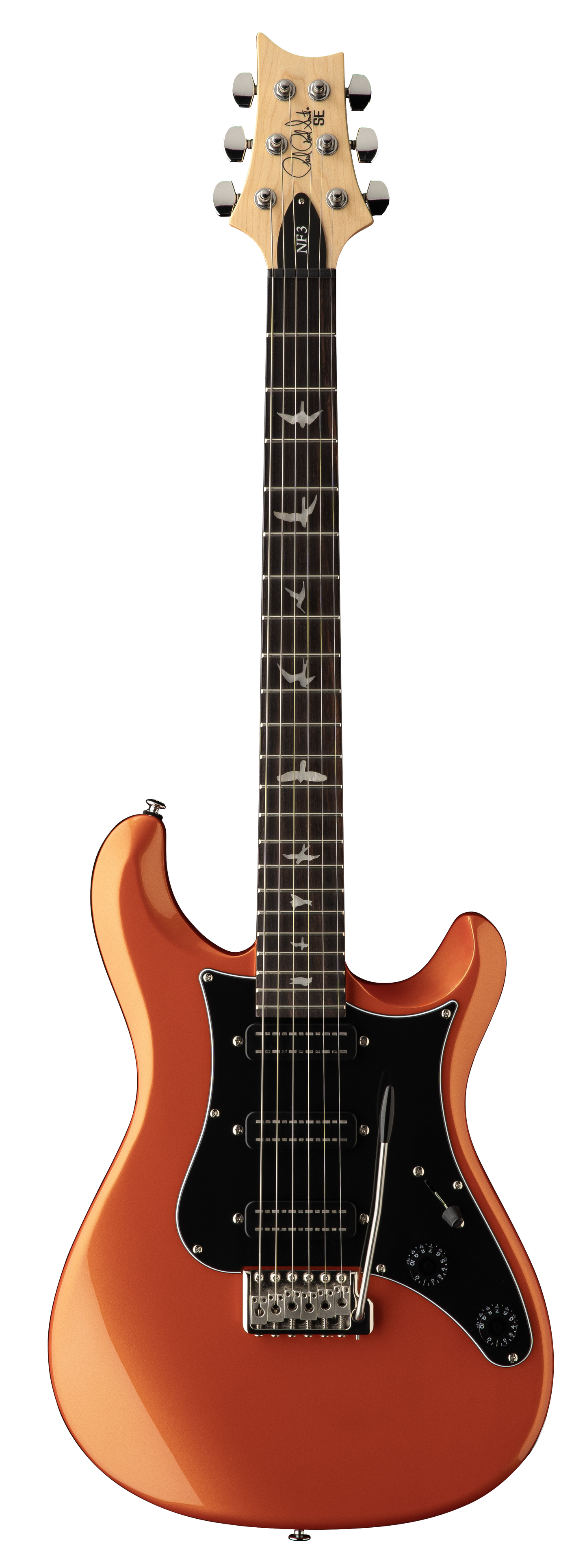 Full frontal of PRS SE NF3 Metallic Orange Rosewood.