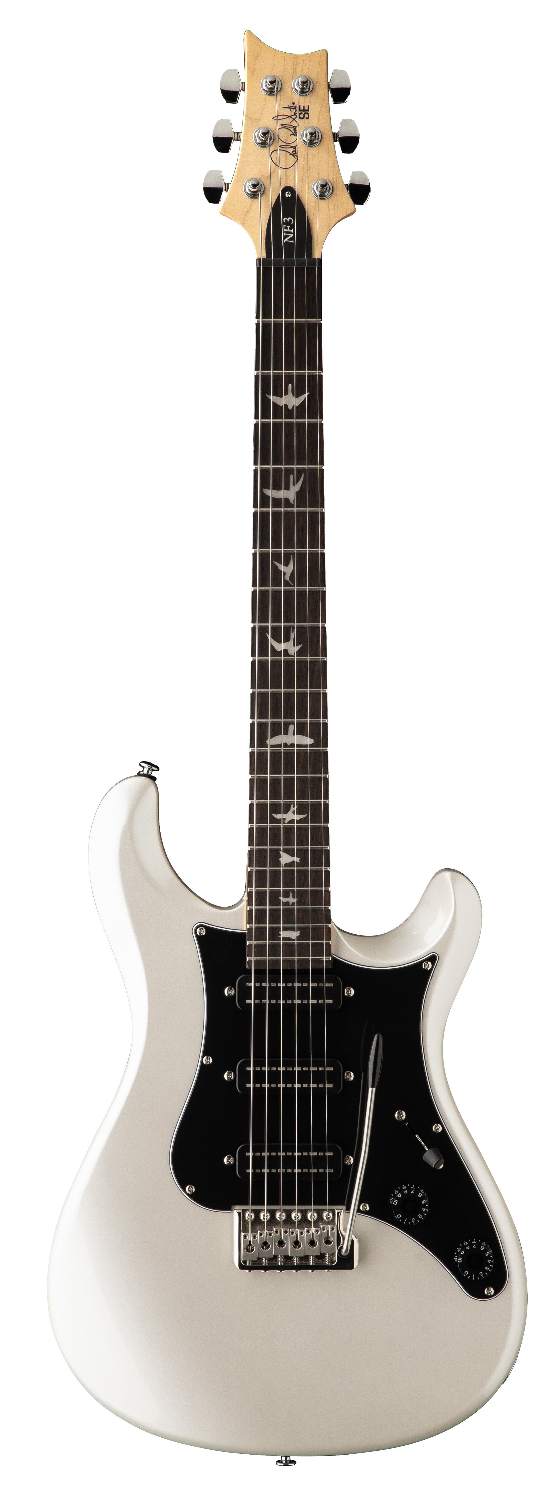 Full frontal of PRS SE NF3 Pearl White Rosewood.