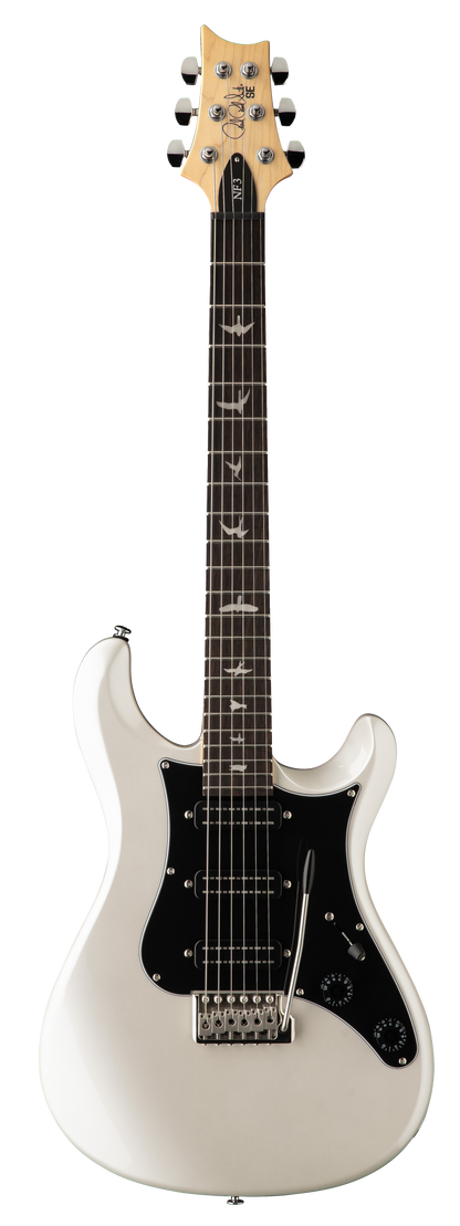 Full frontal of PRS SE NF3 Pearl White Rosewood.