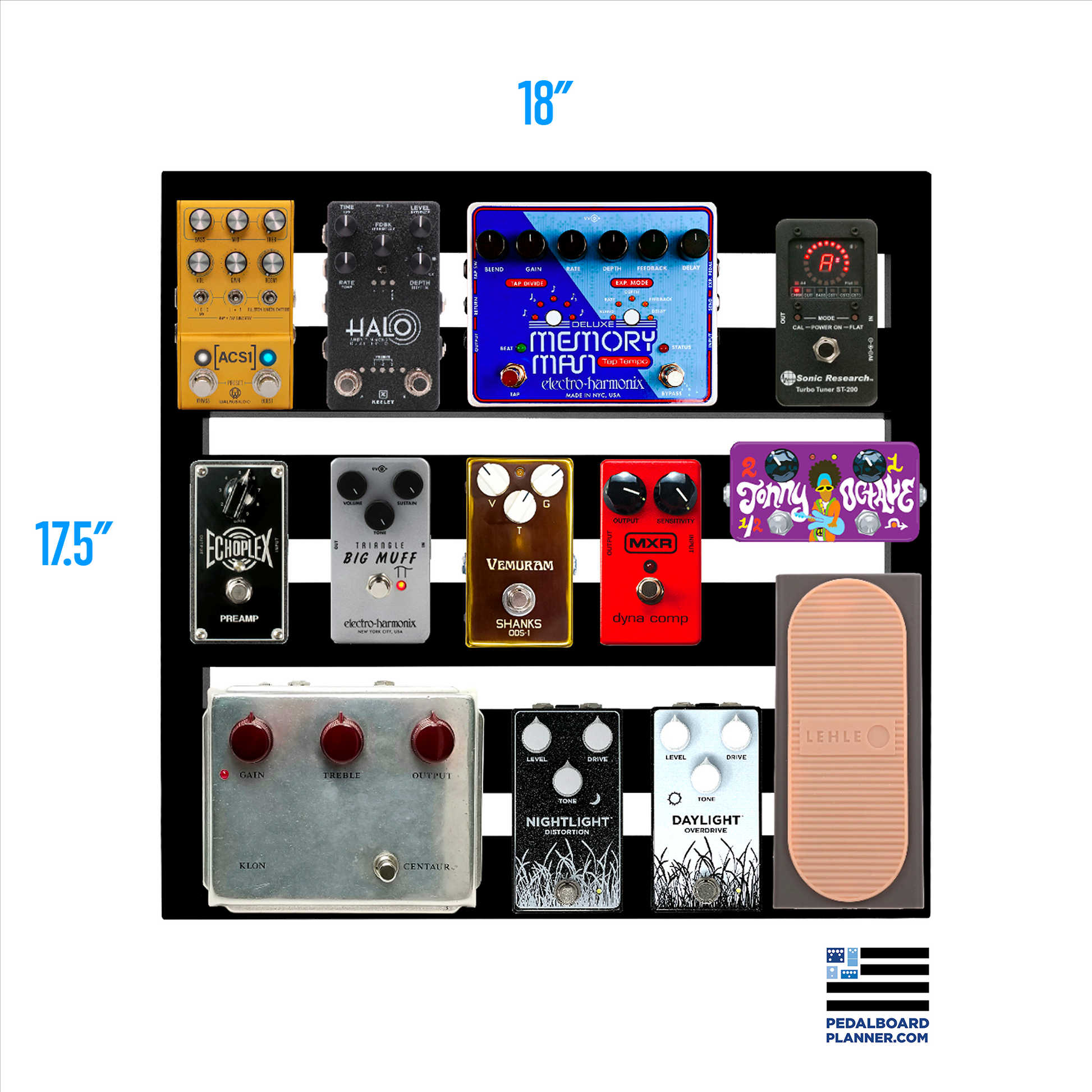 Top down of Pedaltrain XD-18 with example rig and dimensions.