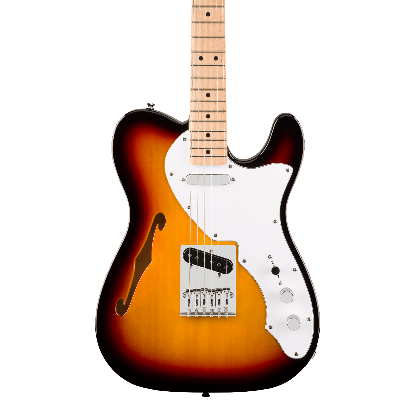 Front of Squier Affinity Series Telecaster Thinline MP 3-Color Sunburst.