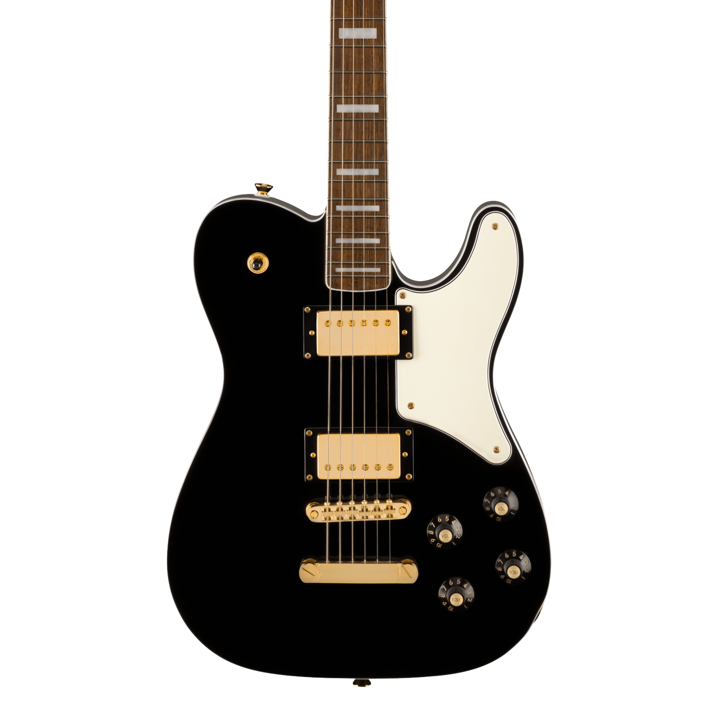 Front of Squier Limited Edition Paranormal Troublemaker Telecaster Deluxe Laurel Fingerboard Parchment Pickguard Gold Hardware Black.