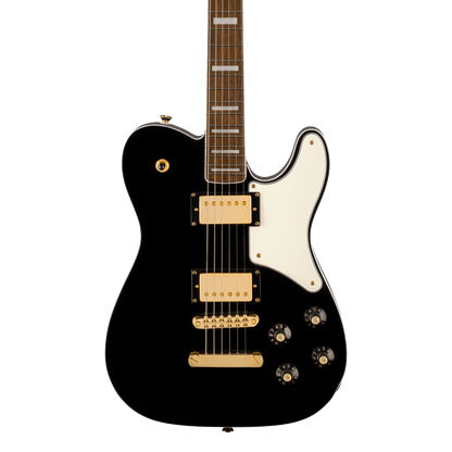 Front of Squier Limited Edition Paranormal Troublemaker Telecaster Deluxe Laurel Fingerboard Parchment Pickguard Gold Hardware Black.