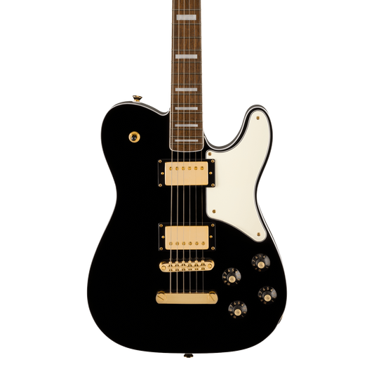 Front of Squier Limited Edition Paranormal Troublemaker Telecaster Deluxe Laurel Fingerboard Parchment Pickguard Gold Hardware Black.