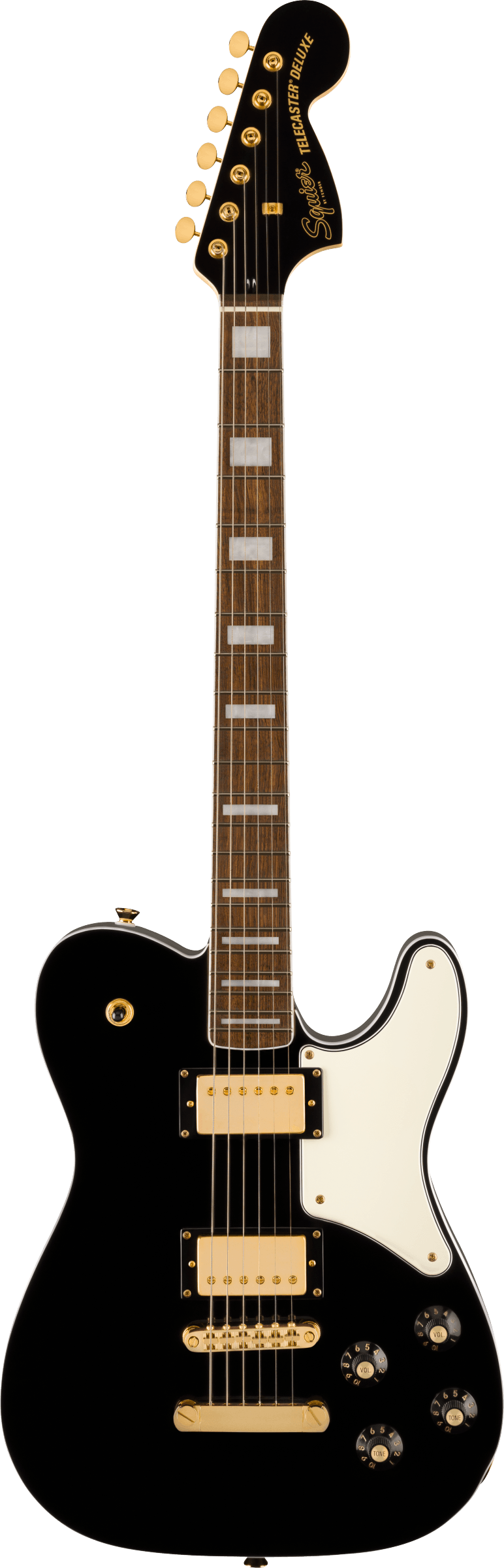 Full frontal of Squier Limited Edition Paranormal Troublemaker Telecaster Deluxe Laurel Fingerboard Parchment Pickguard Gold Hardware Black.