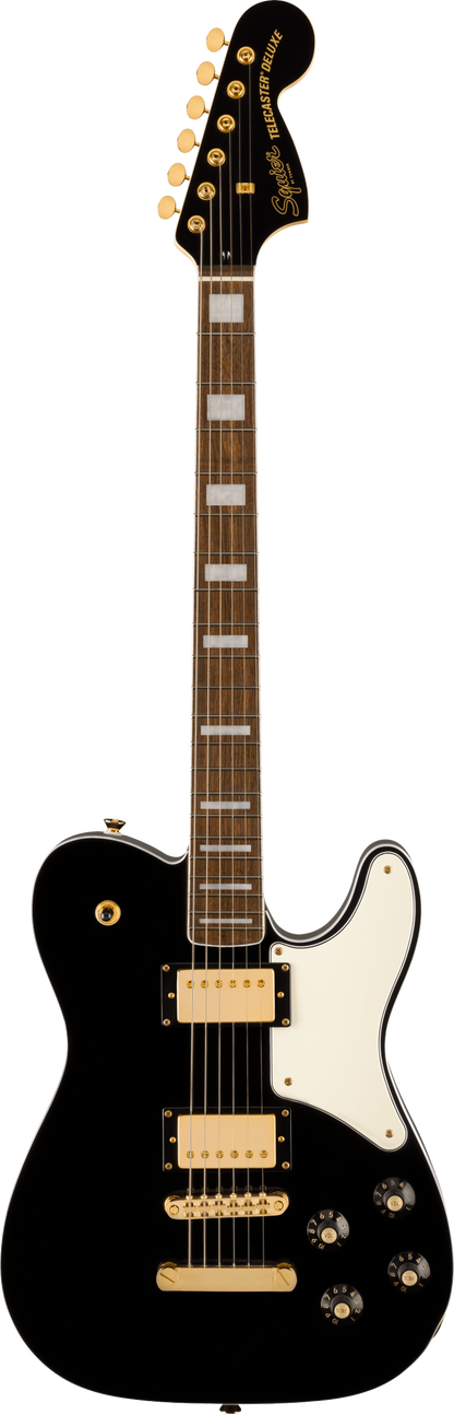 Full frontal of Squier Limited Edition Paranormal Troublemaker Telecaster Deluxe Laurel Fingerboard Parchment Pickguard Gold Hardware Black.