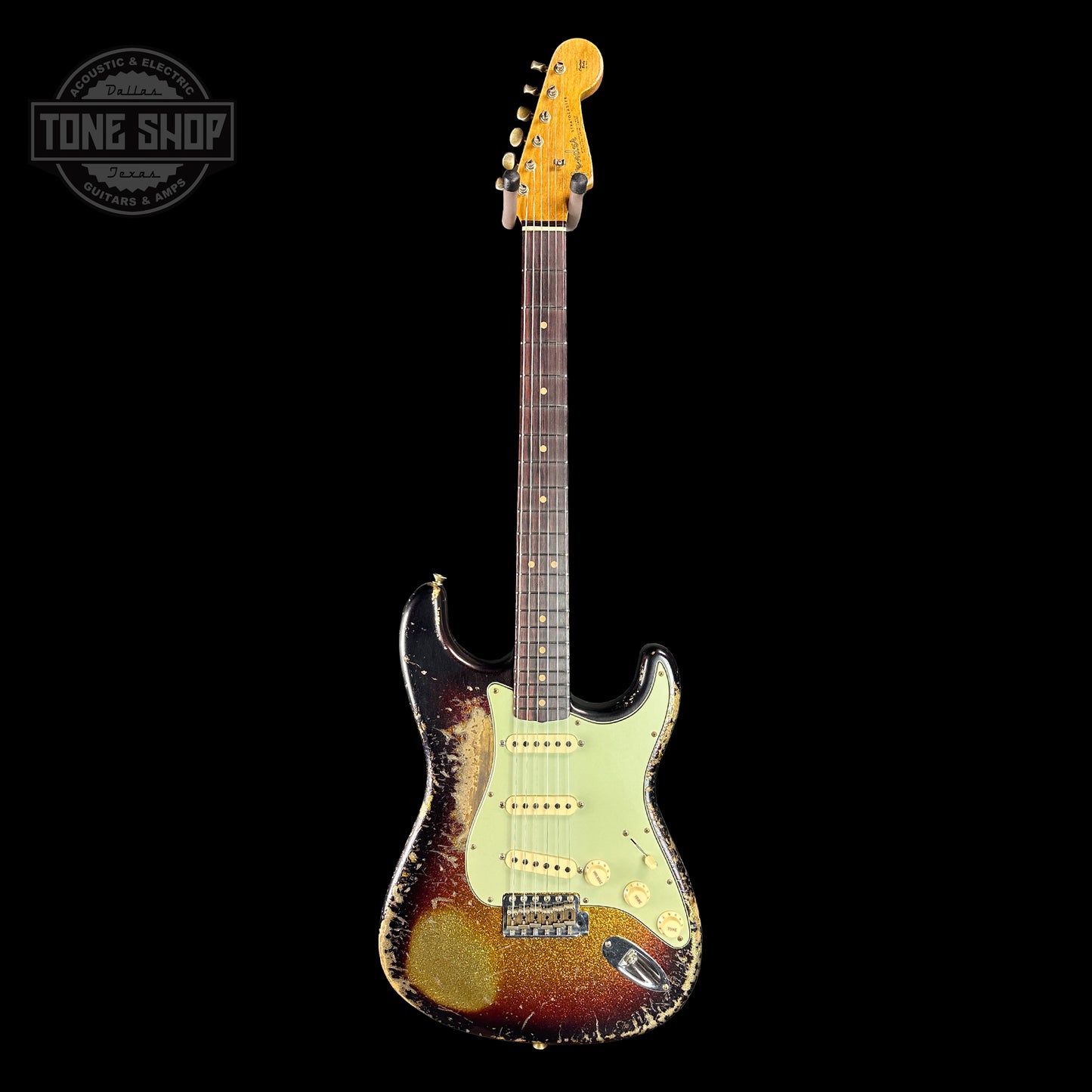 Full front of Fender Custom Shop Time Machine '63 Strat Super Heavy Relic Super Faded Aged 3 Color Sunburst Sparkle.