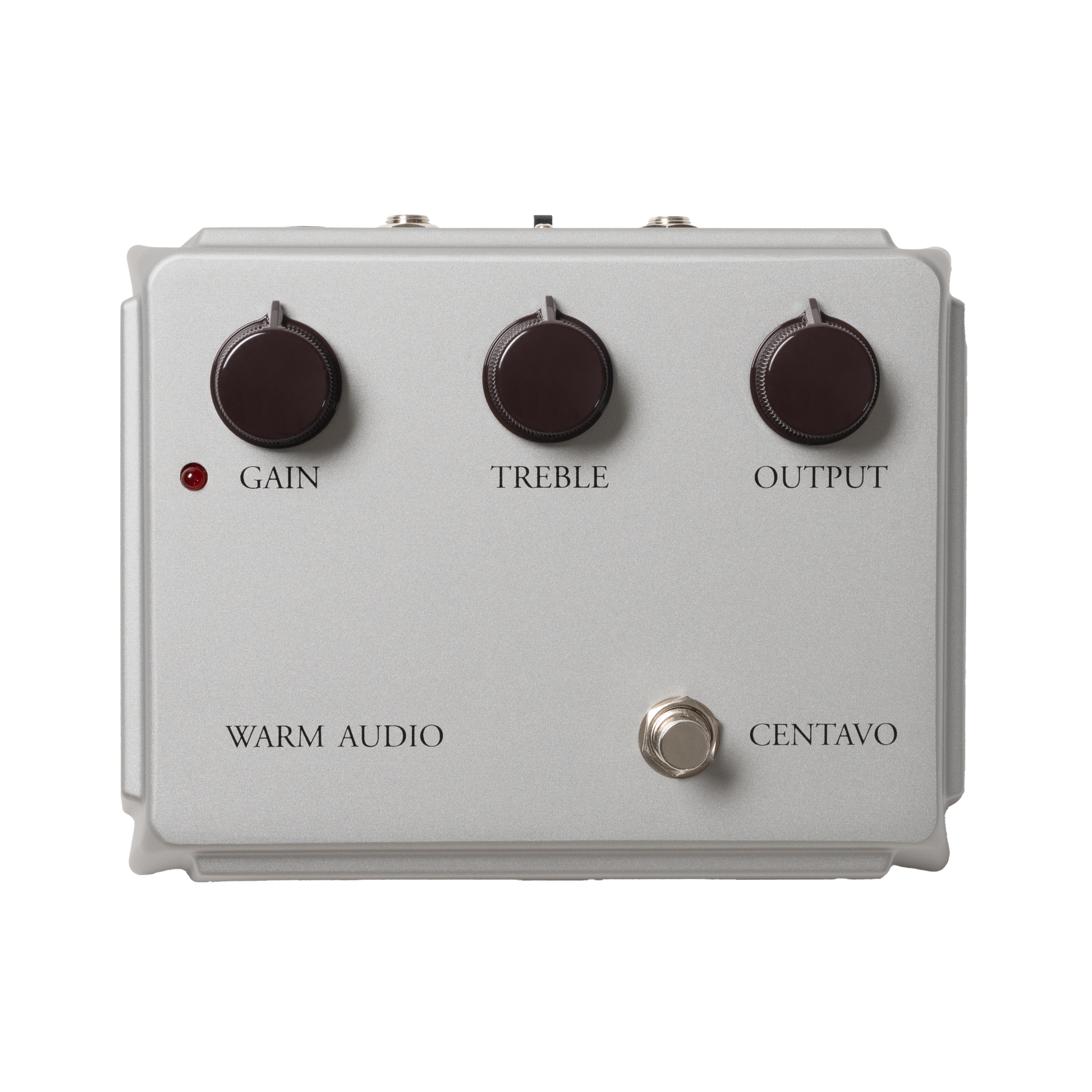 Top down of Warm Audio Limited Edition Silver Centavo Professional Overdrive Pedal.