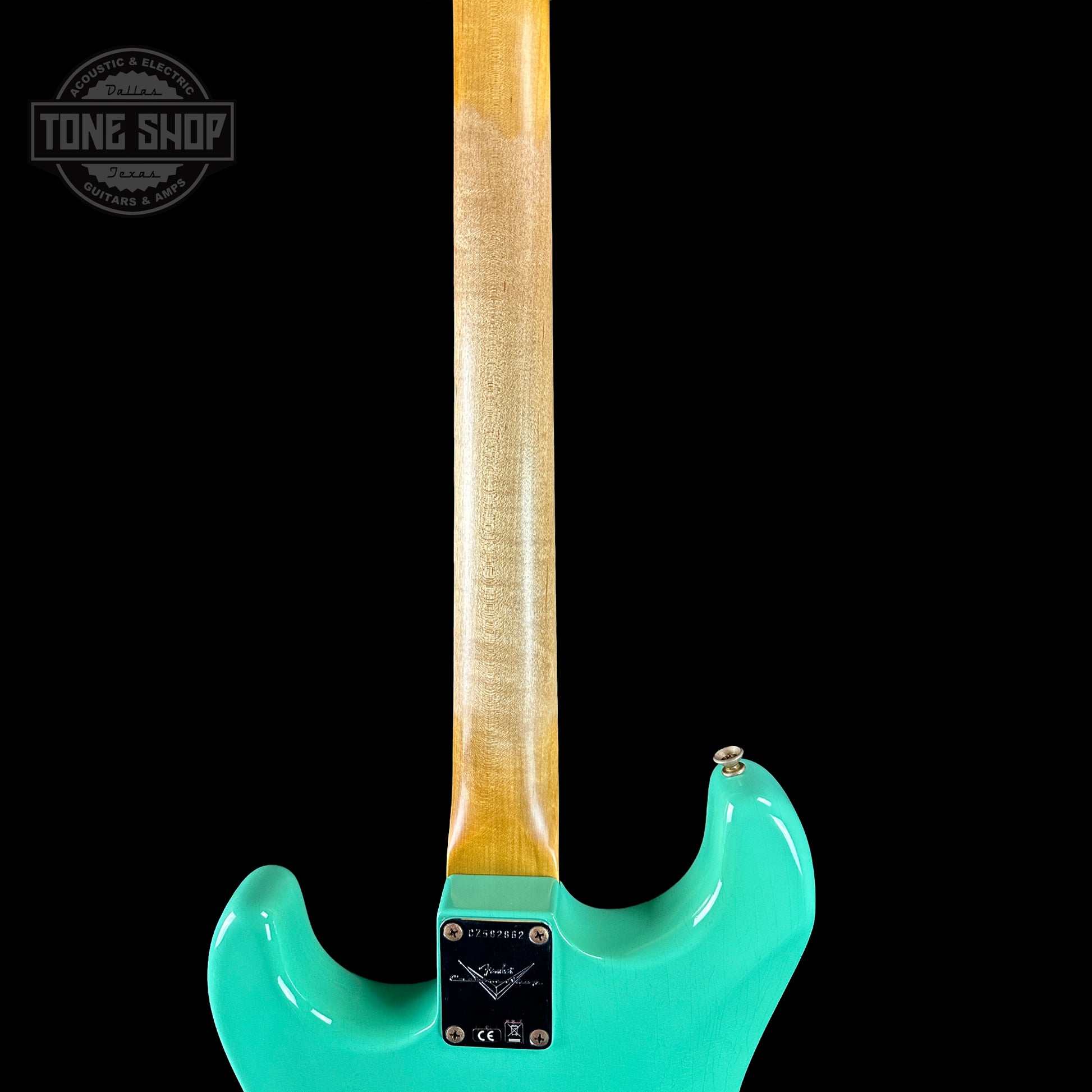 Back of neck of Fender Custom Shop Time Machine '59 Strat Rw Journeyman Relic Super Faded Aged Sea Foam Green.