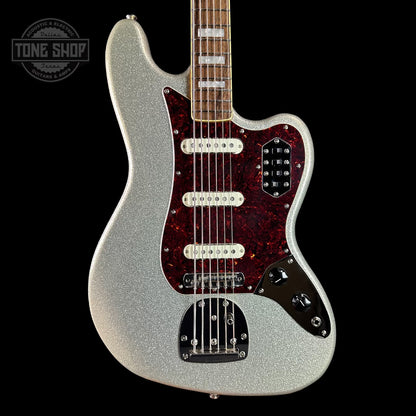 Close up of front of Squier FSR Classic Vibe Bass VI Silver Sparkle w/matching headstock