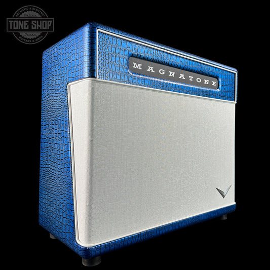 Front angle of Magnatone Croc Collection Super Fifteen 1x12" Combo Blue.