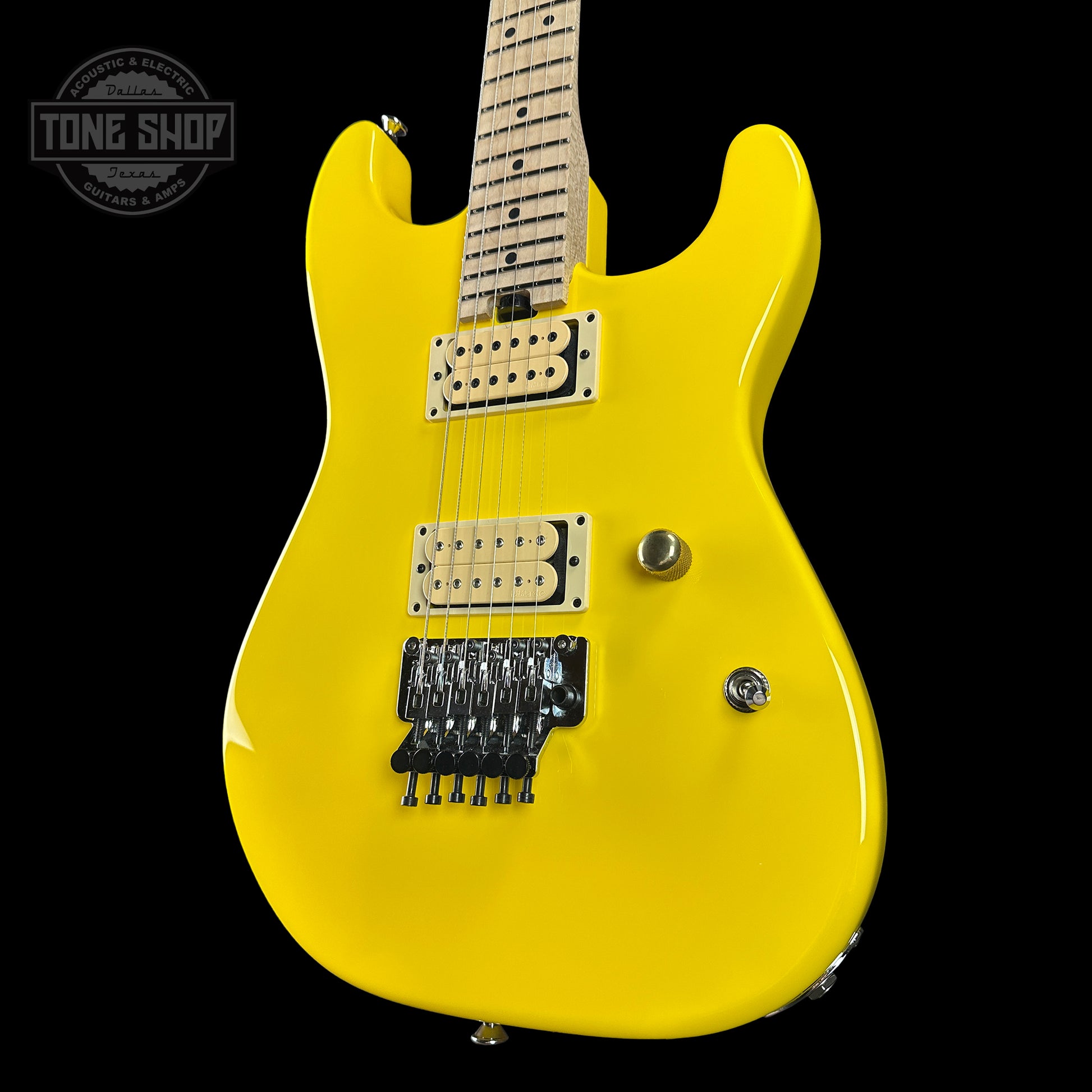 Front angle of Charvel Custom Shop San Dimas 2H FR Graffiti Yellow.