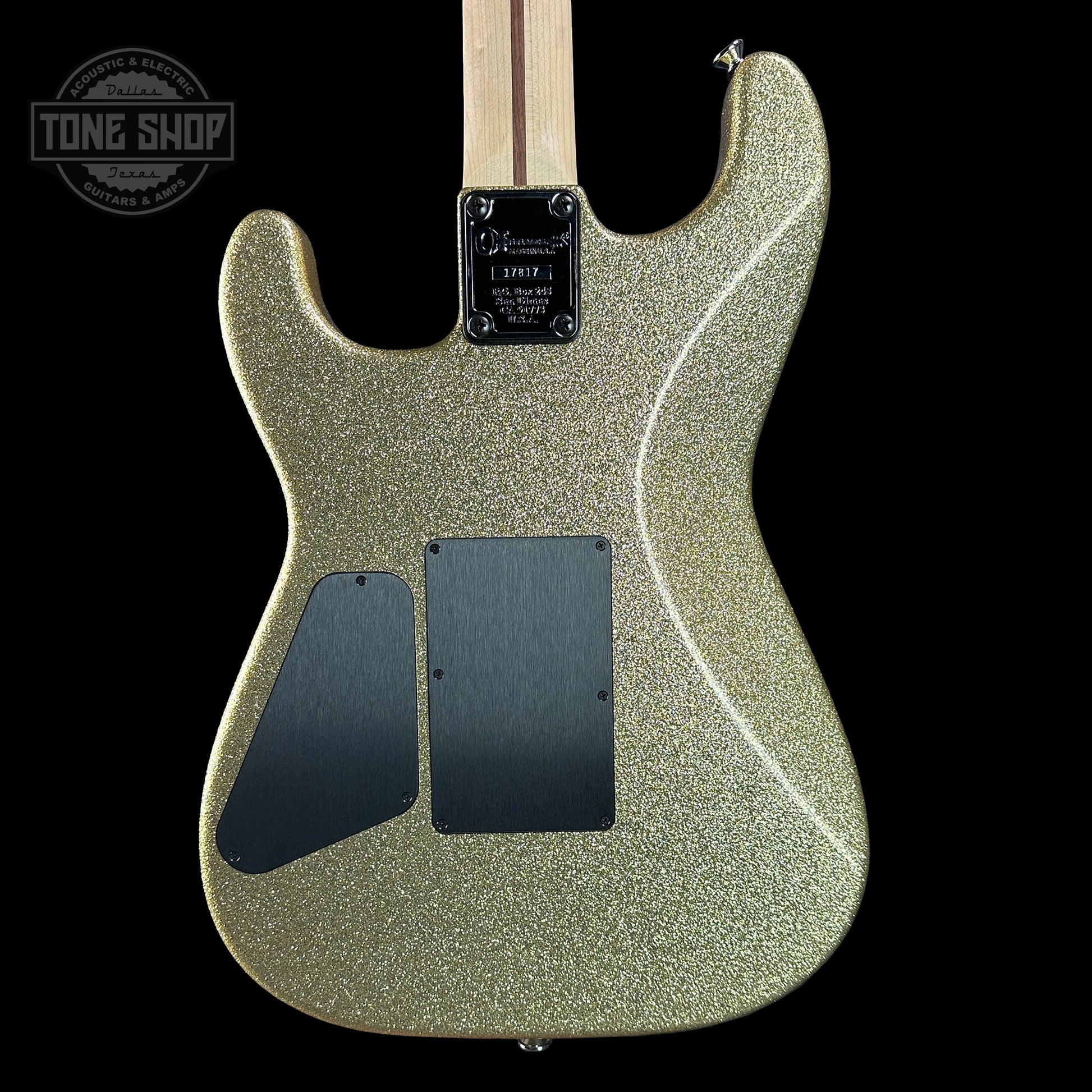 Back of Charvel Custom Shop San Dimas HSS Gold Sparkle.