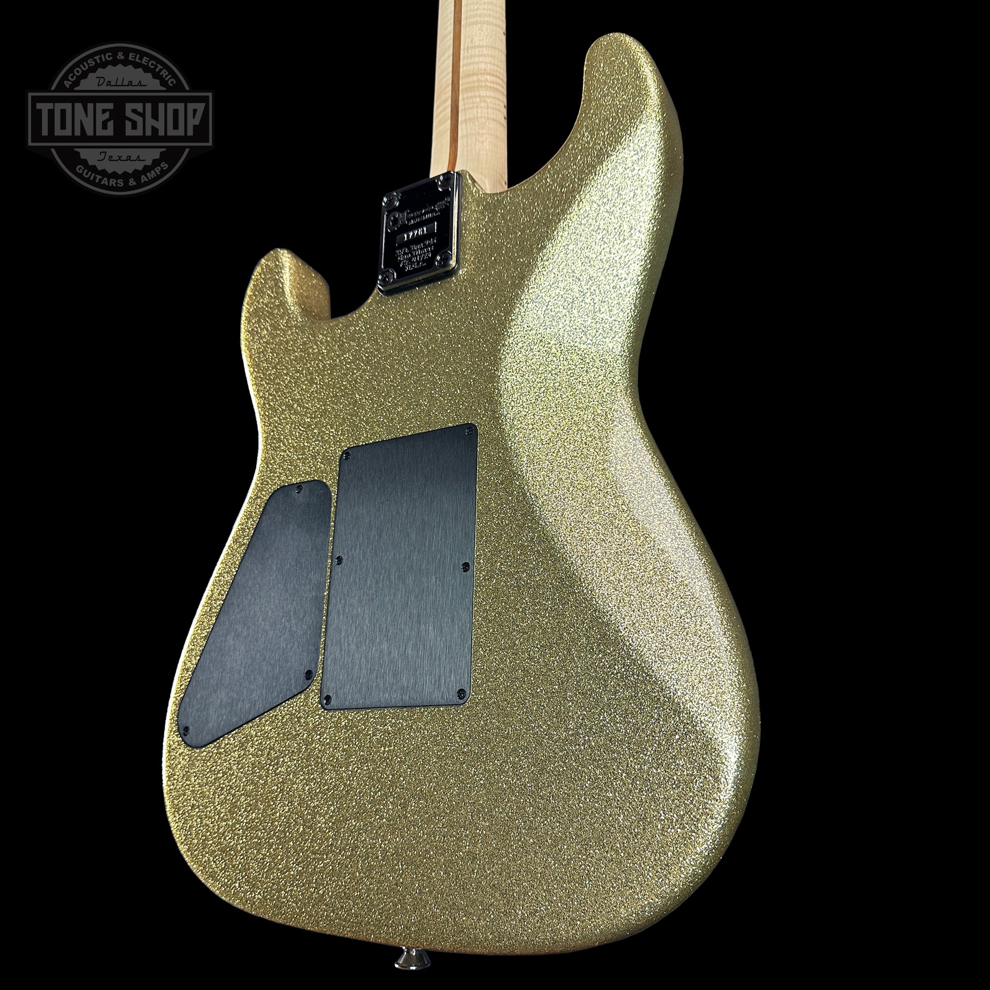 Back angle of Charvel Custom Shop San Dimas 2H FR Gold Sparkle.