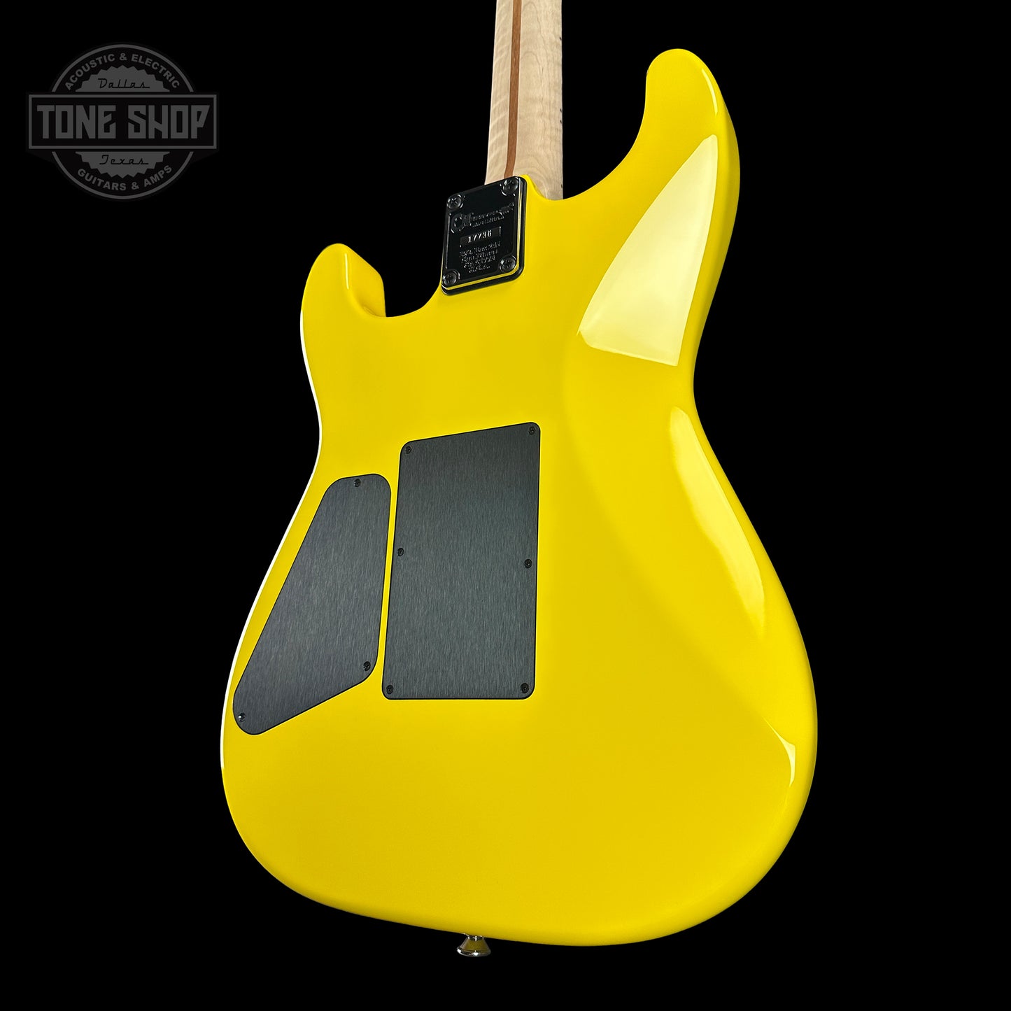 Back angle of Charvel Custom Shop San Dimas 2H FR Graffiti Yellow.