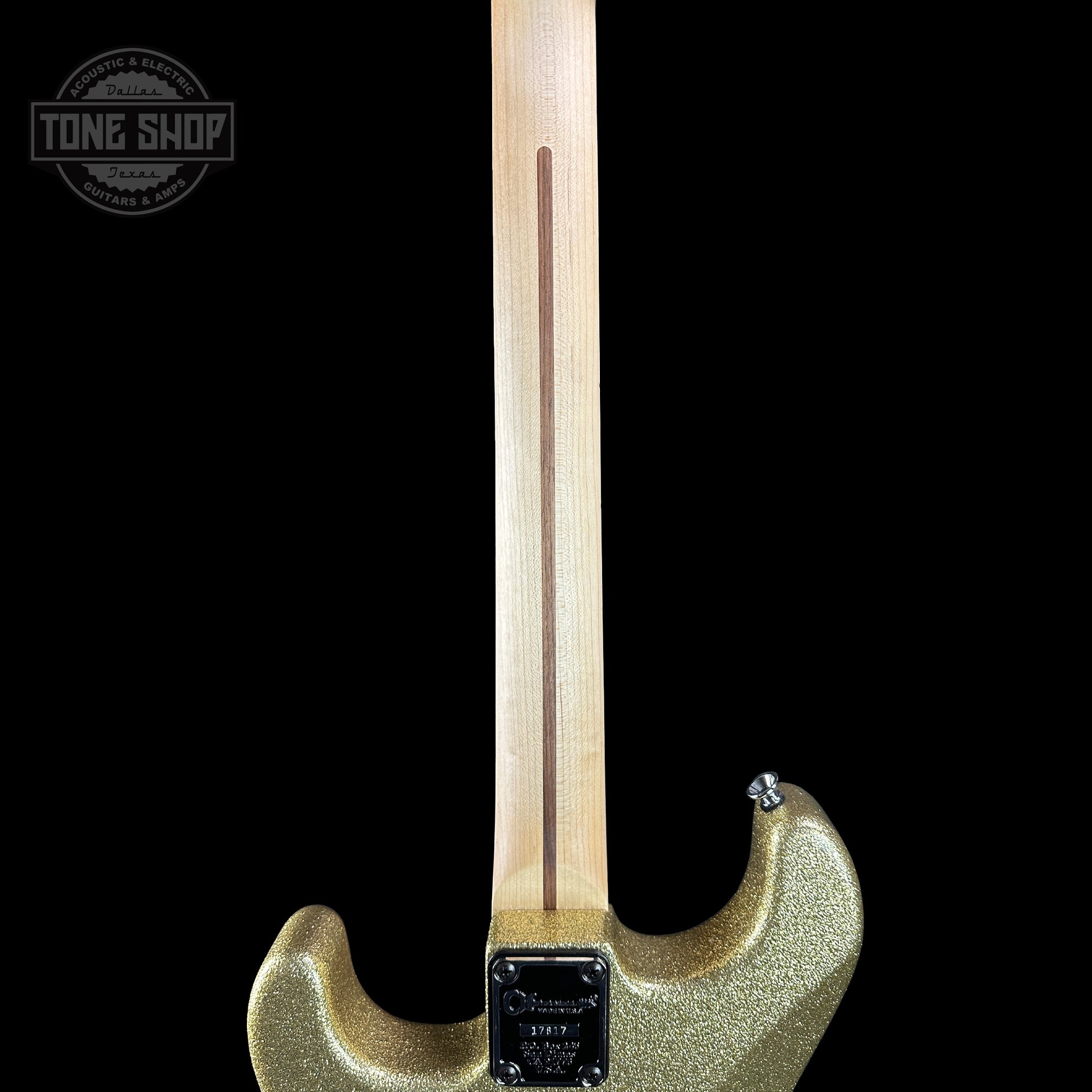 Back of neck of Charvel Custom Shop San Dimas HSS Gold Sparkle.