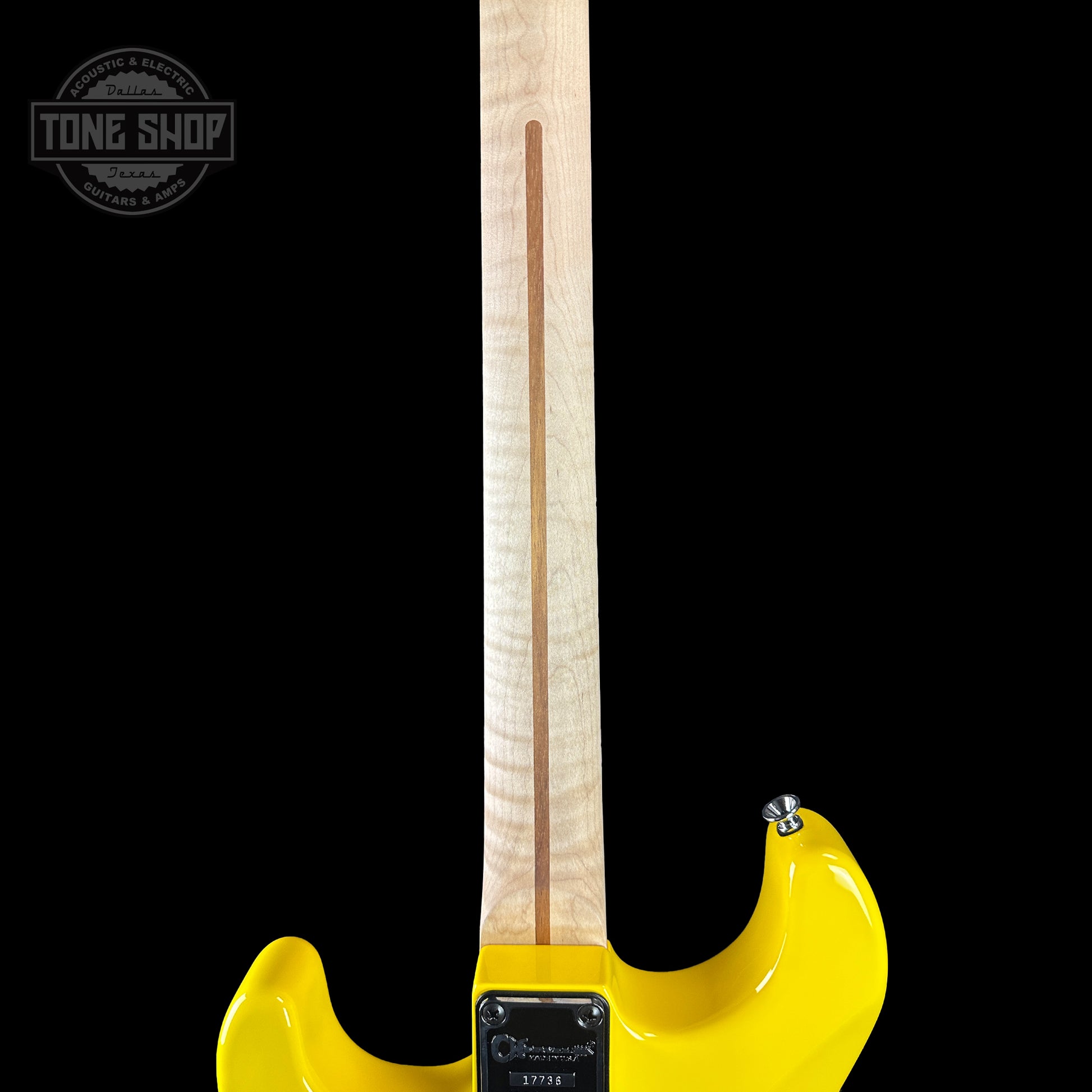 Back of neck of Charvel Custom Shop San Dimas 2H FR Graffiti Yellow.