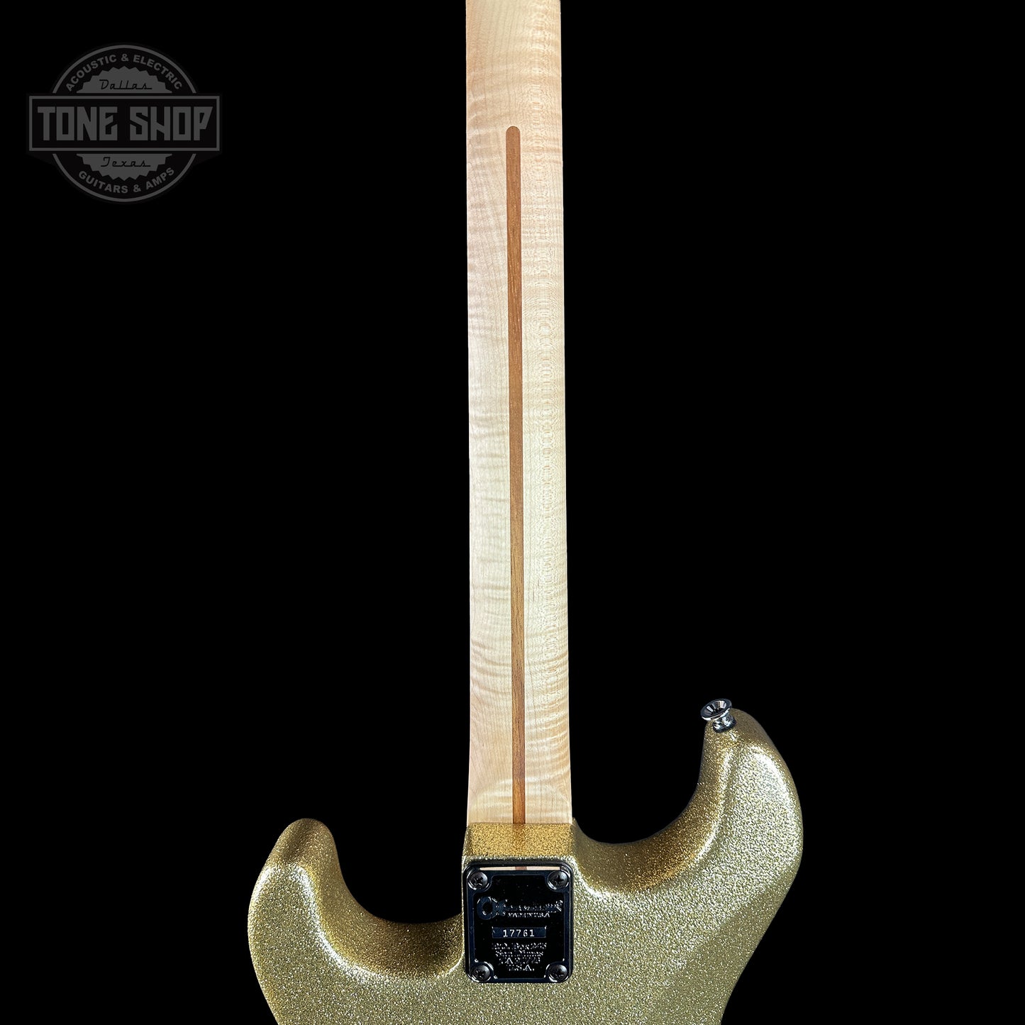 Back of neck of Charvel Custom Shop San Dimas 2H FR Gold Sparkle.