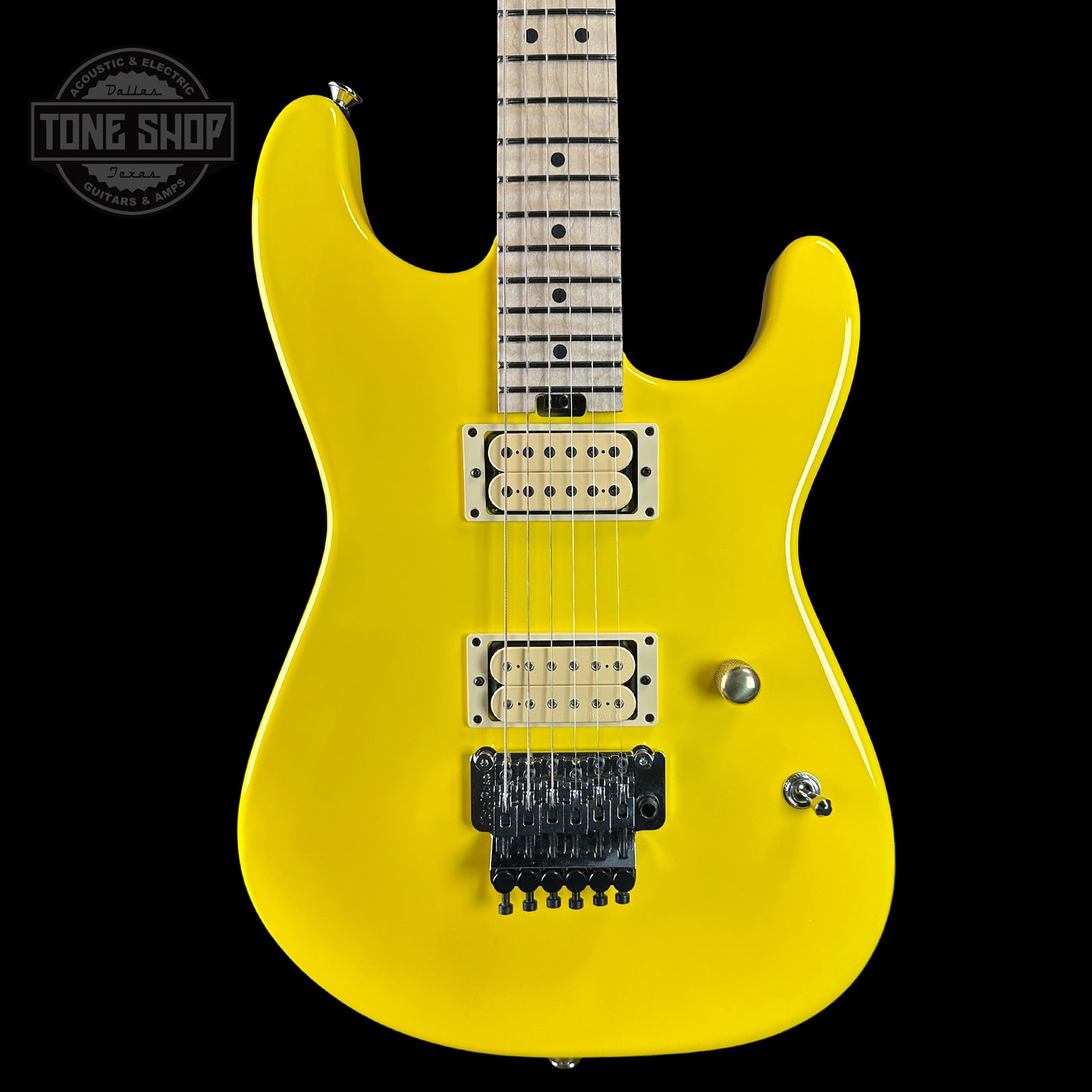 Front of Charvel Custom Shop San Dimas 2H FR Graffiti Yellow.