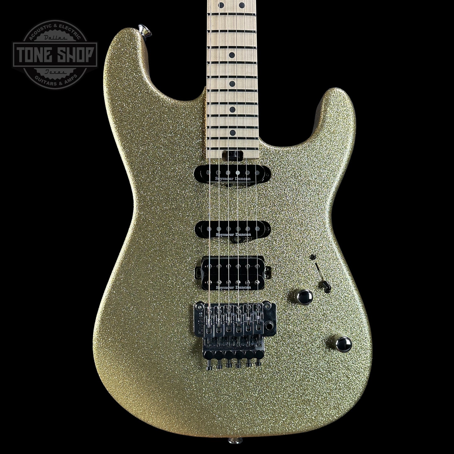 Front of Charvel Custom Shop San Dimas HSS Gold Sparkle.