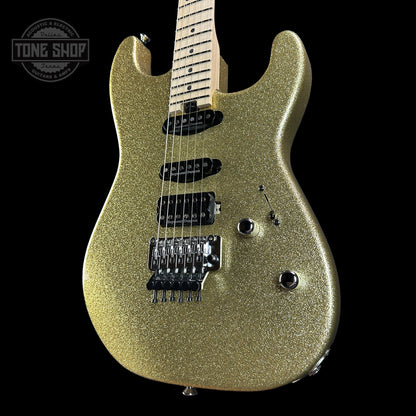 Front angle of Charvel Custom Shop San Dimas HSS Gold Sparkle.