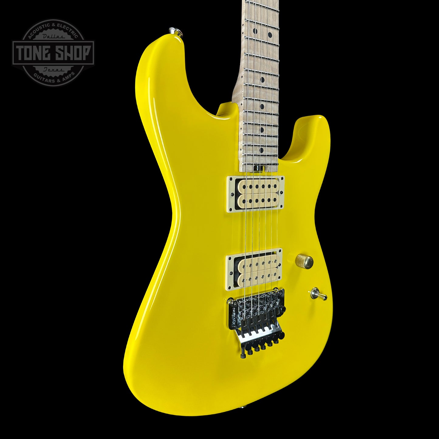 Front angle of Charvel Custom Shop San Dimas 2H FR Graffiti Yellow.