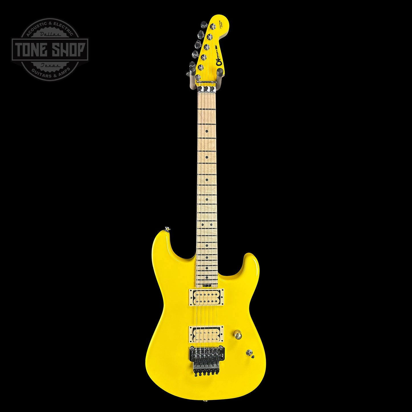 Full front of Charvel Custom Shop San Dimas 2H FR Graffiti Yellow.