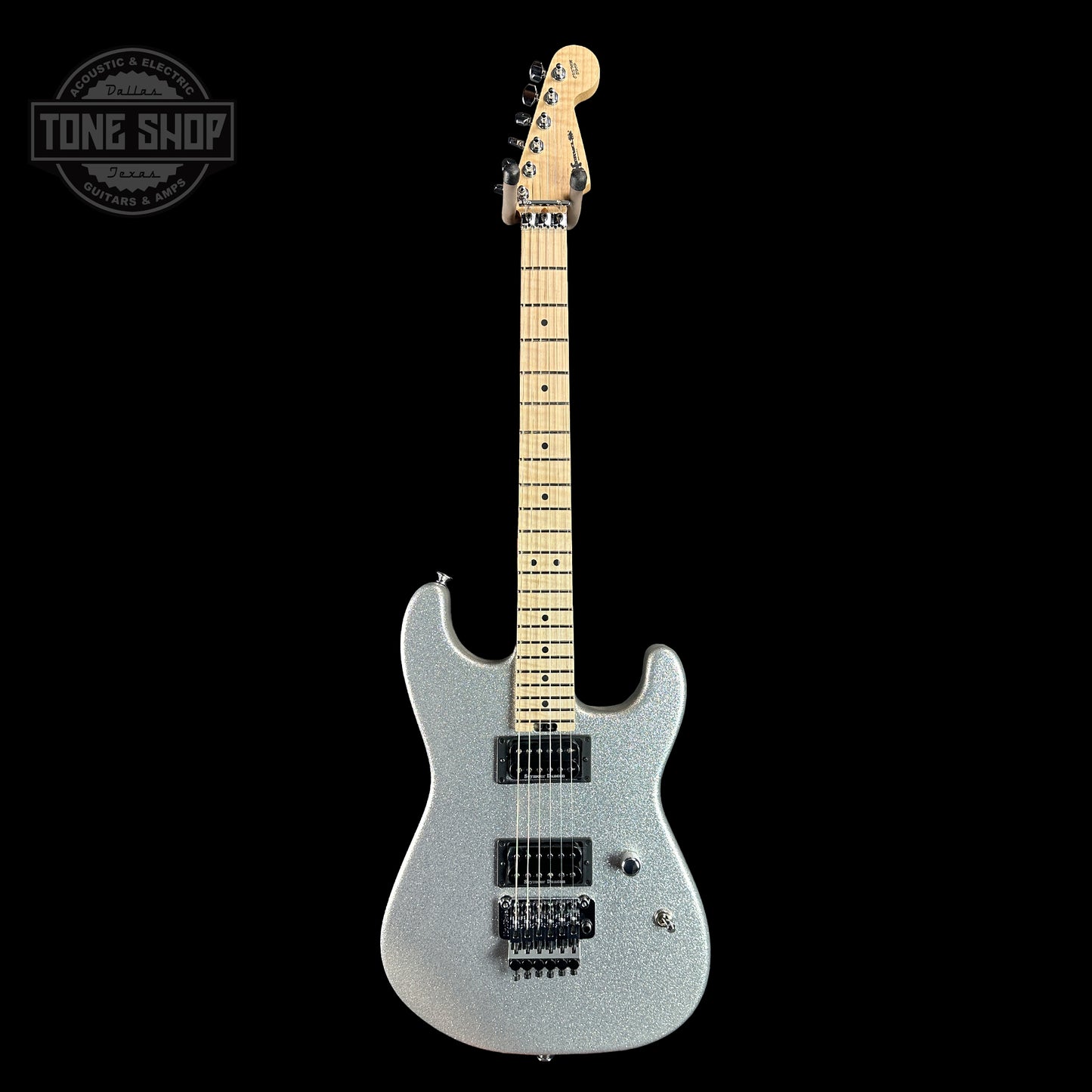 Full front of Charvel Custom Shop San Dimas 2H FR Silver Sparkle.