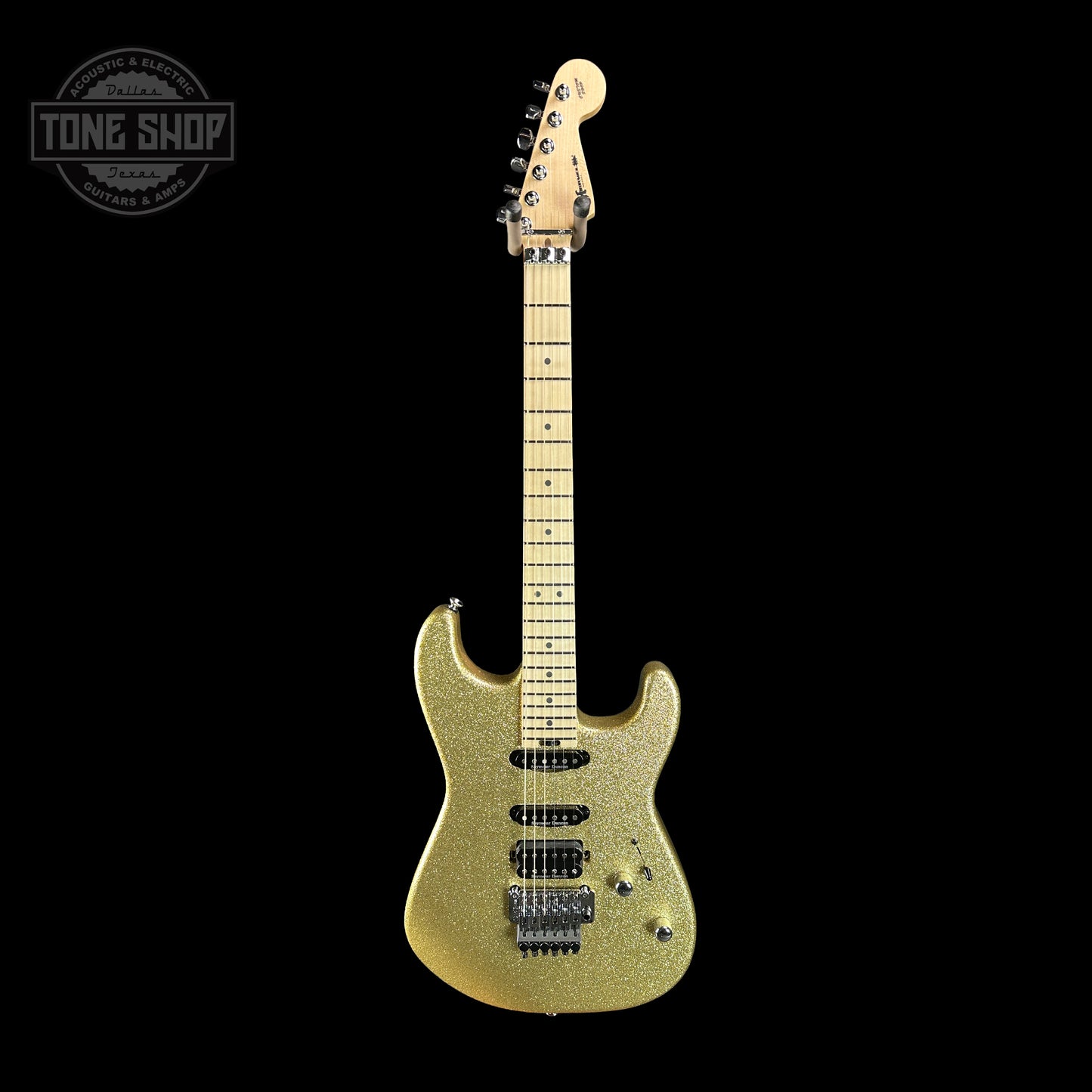 Full front of Charvel Custom Shop San Dimas HSS Gold Sparkle.