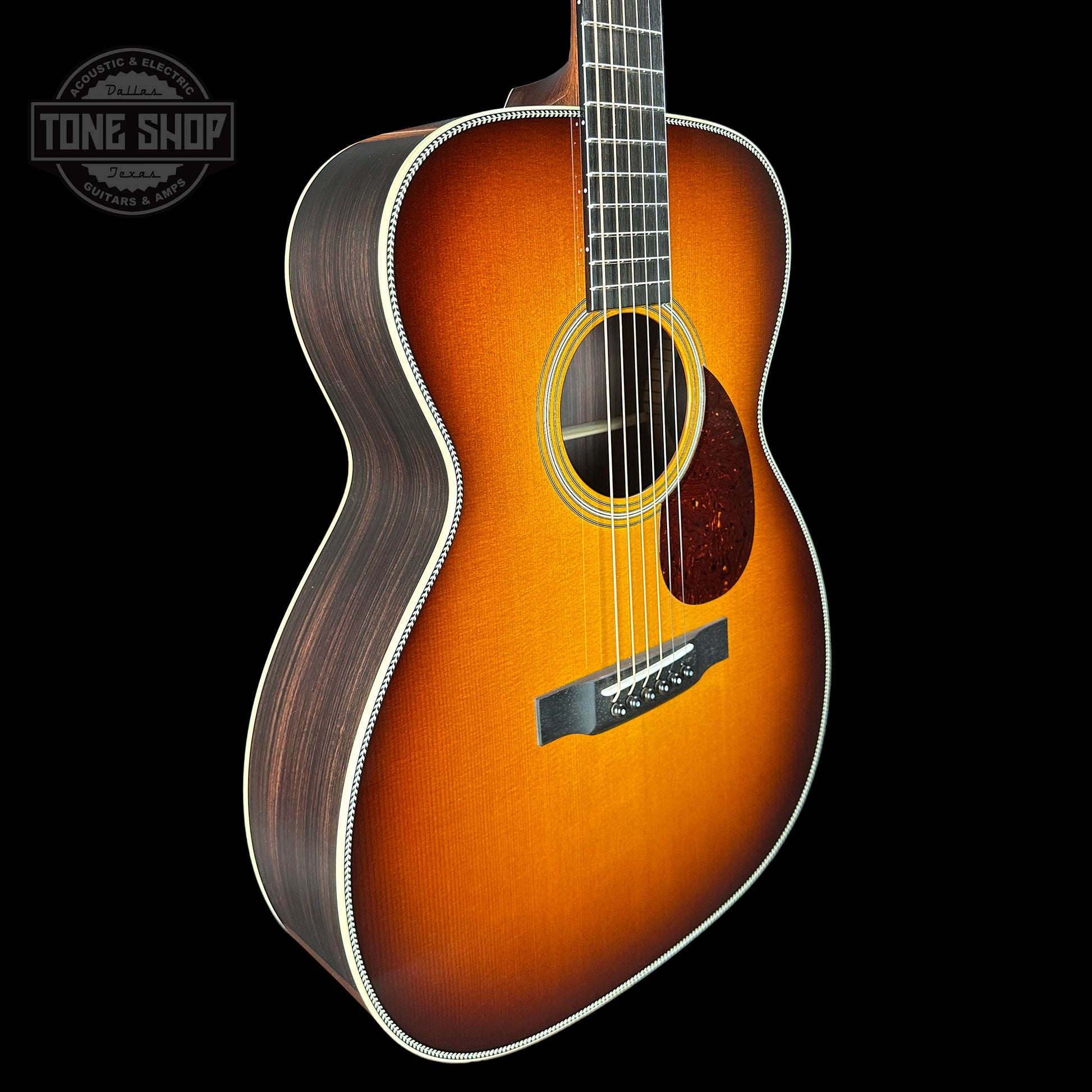 Front angle of Collings OM2H Sunburst.