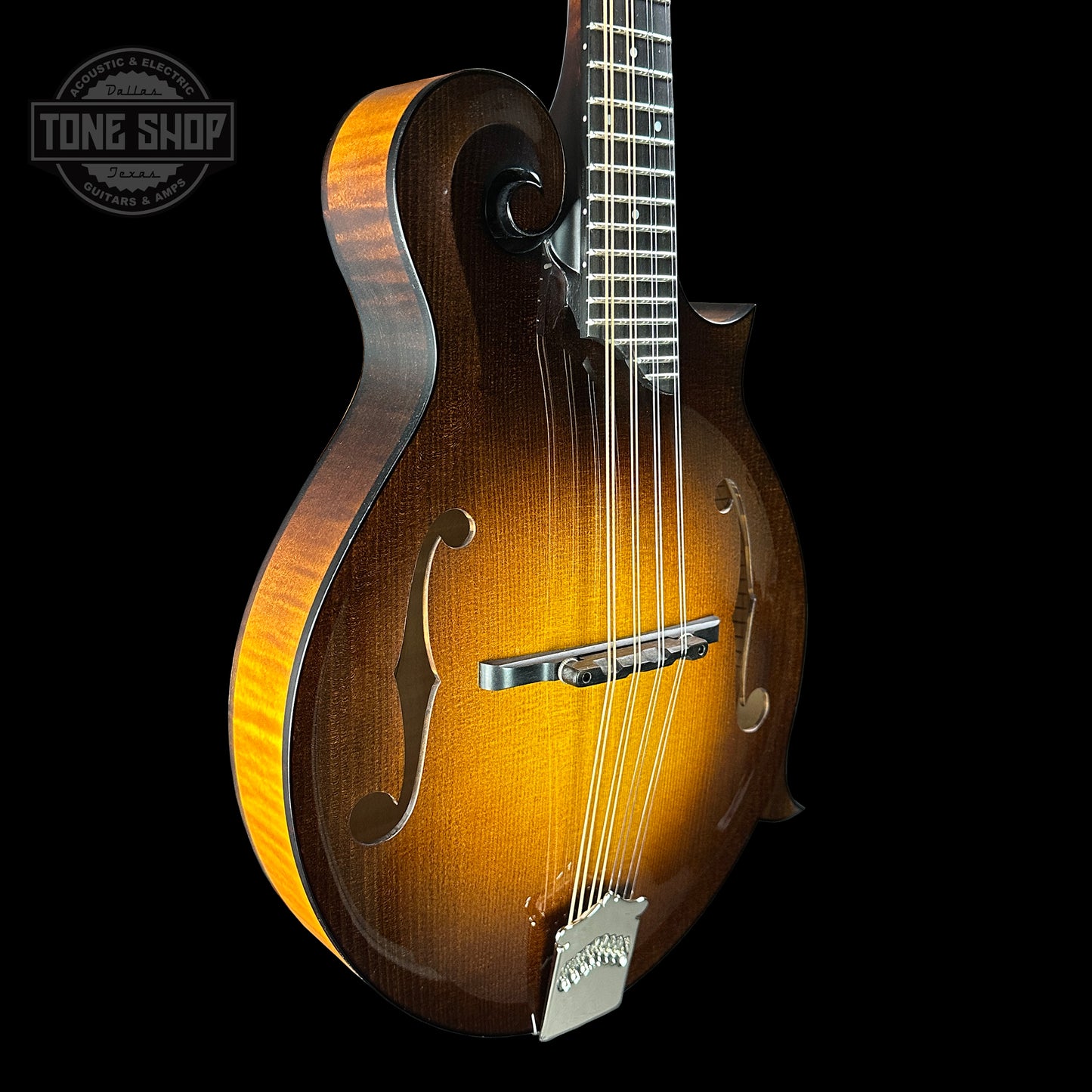 Front angle of Collings MF Mandolin Gloss Top Sunburst.