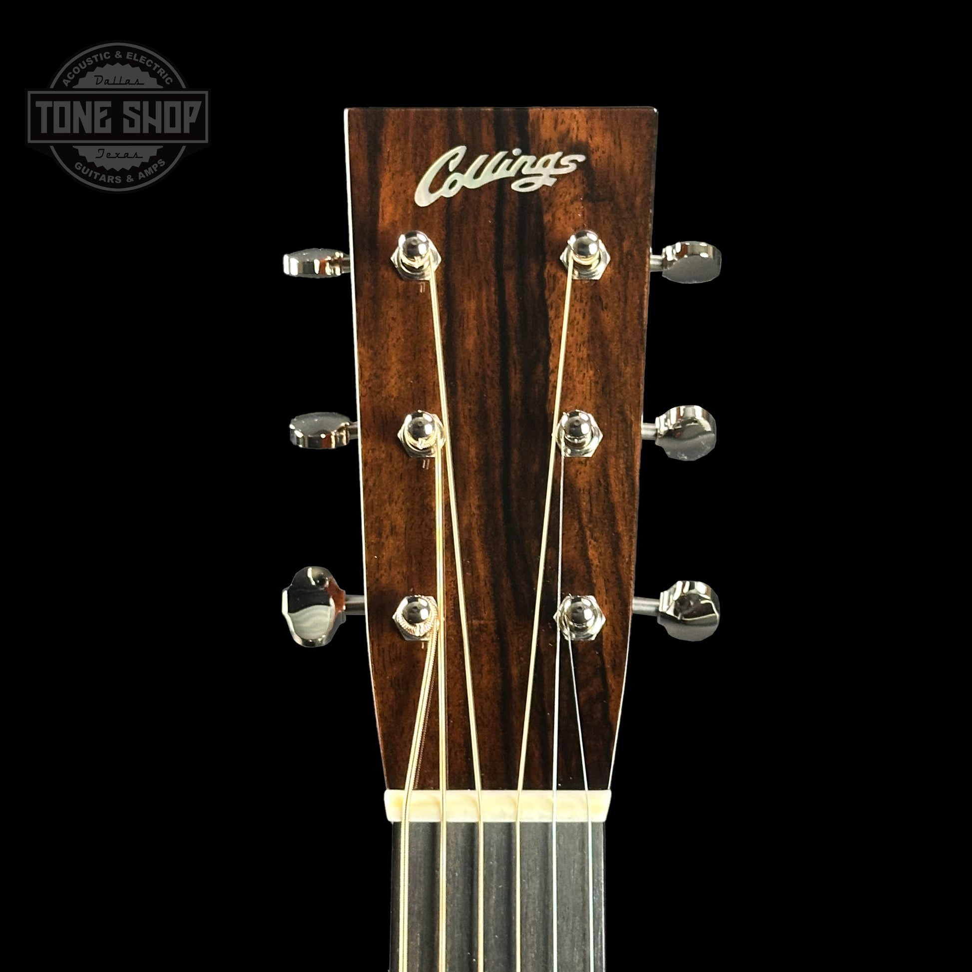 Front of headstock of Collings OM2H Sunburst.