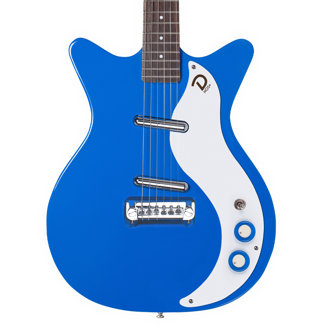 Closeup of Danelectro 59 MOD NOS+ GOGO Blue