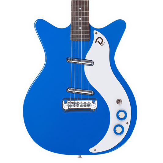 Closeup of Danelectro 59 MOD NOS+ GOGO Blue