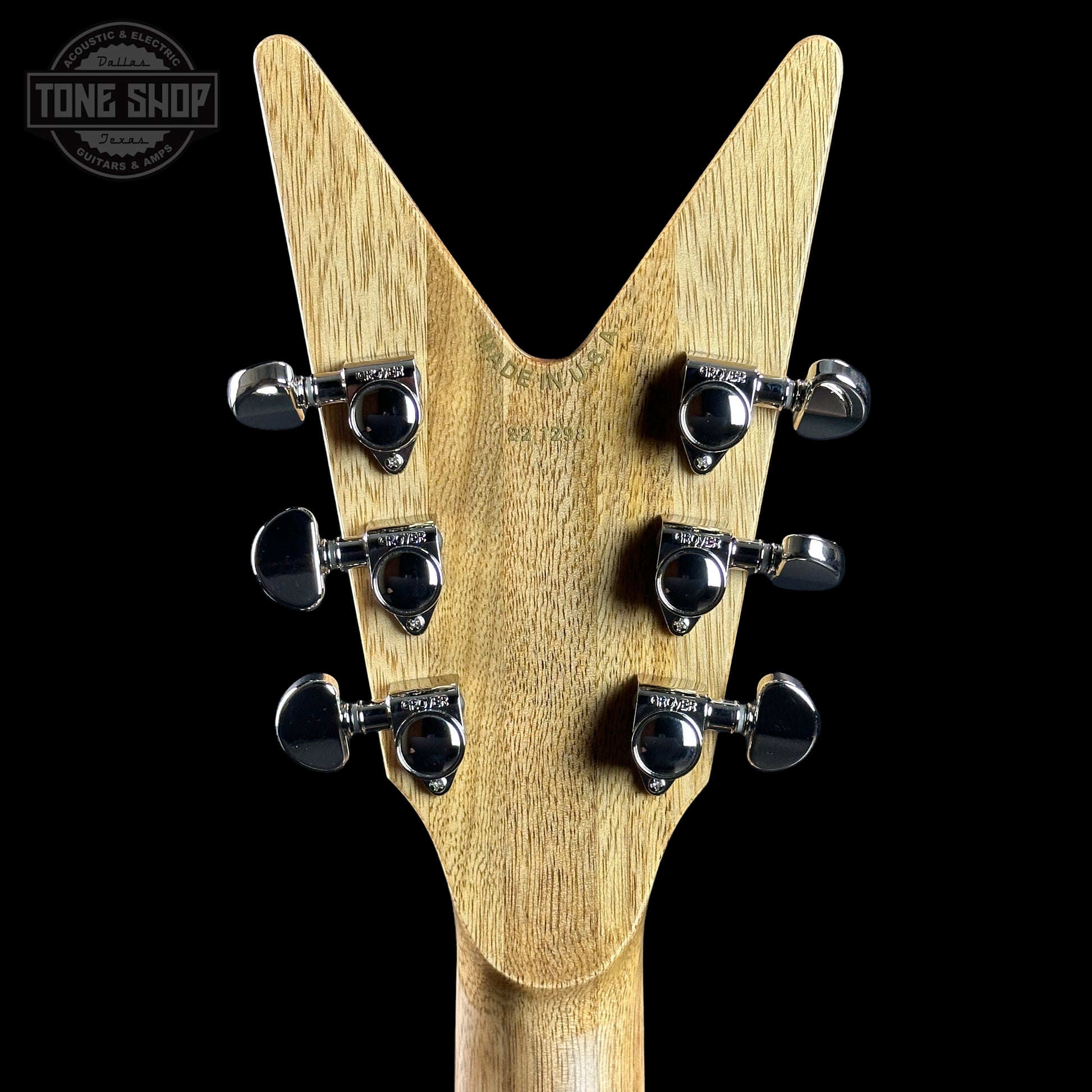 Back of headstock of Dean USA Custom Shop Cadillac Natural Korina Single Hum.