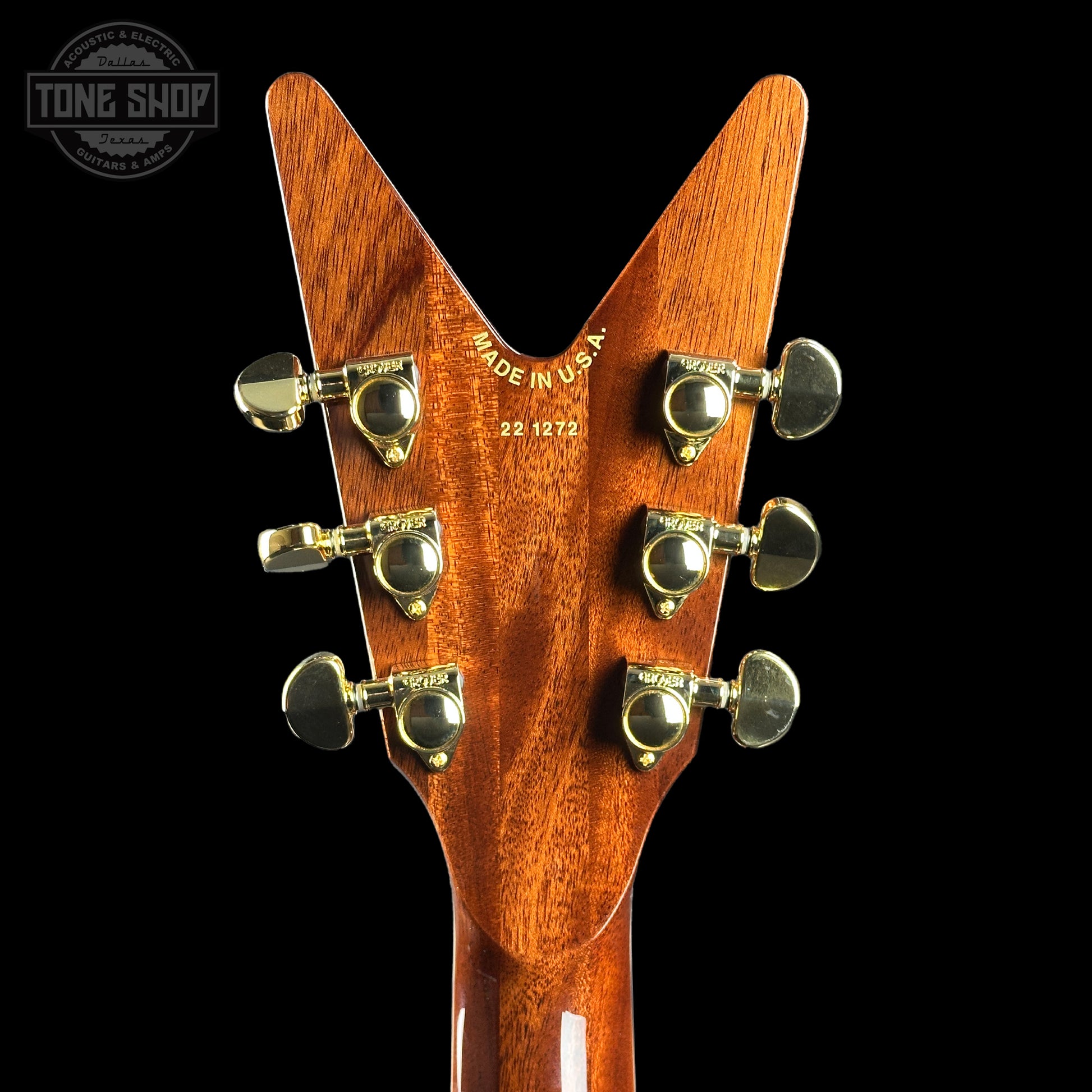 Back of headstock of Dean USA Custom Shop Cadillac Spalted Maple Gold Hardware.