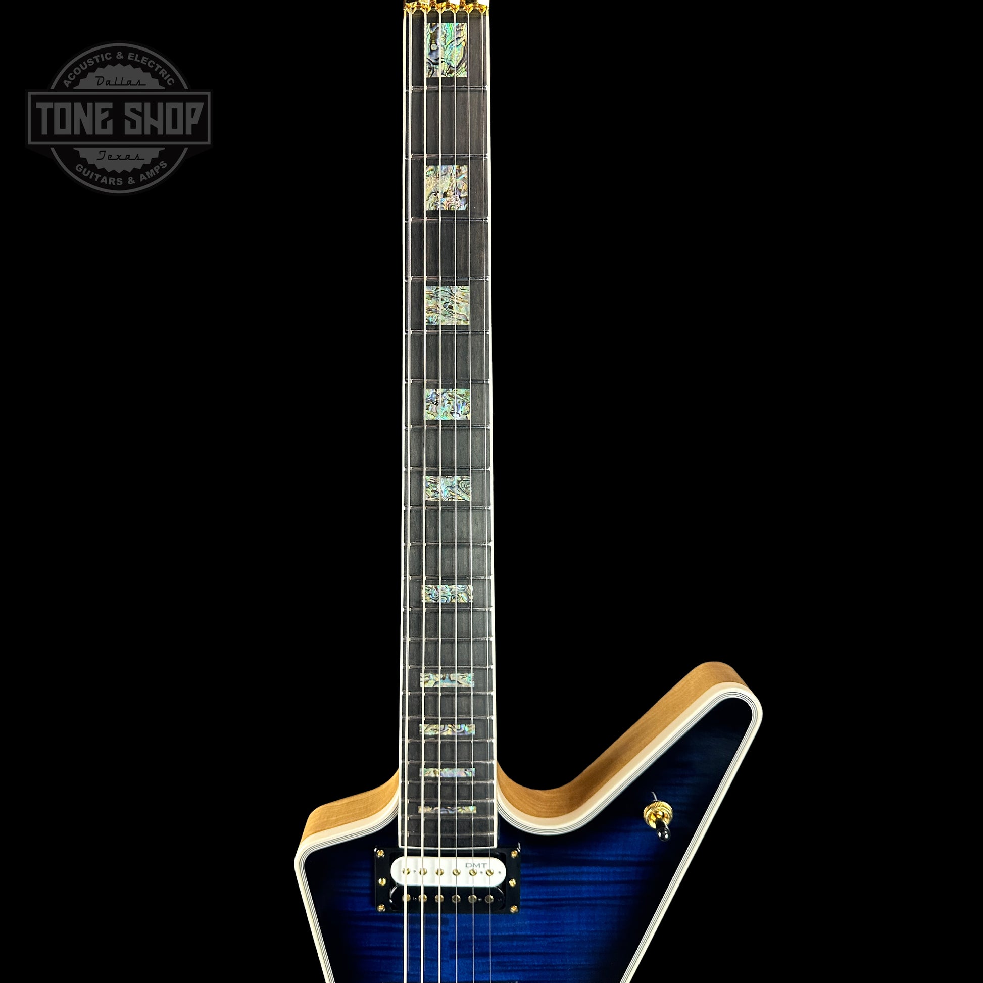 Fretboard of Dean USA Custom Shop ML Trans Blue Flamed Maple Top Korina Body Gold Hardware.