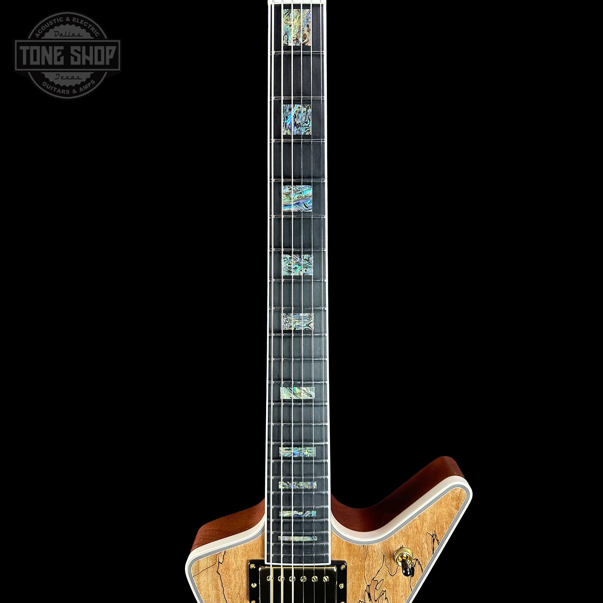 Fretboard of Dean USA Custom Shop Cadillac Spalted Maple Gold Hardware.