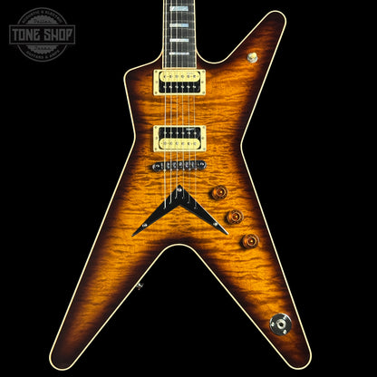 Front of Dean USA Custom Shop ML Custom Quilt Top Trans Tiger Eye.