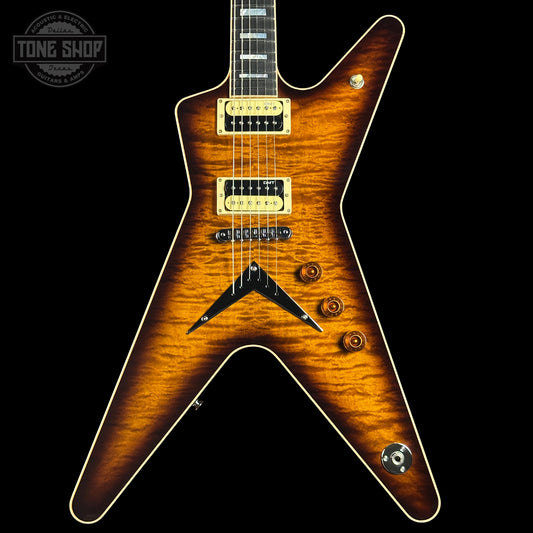 Front of Dean USA Custom Shop ML Custom Quilt Top Trans Tiger Eye.