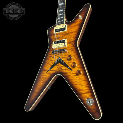 Front angle of Dean USA Custom Shop ML Custom Quilt Top Trans Tiger Eye.