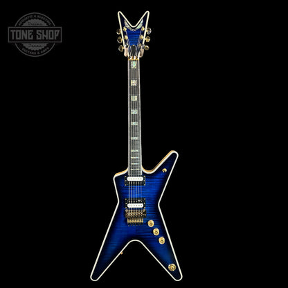 Full front of Dean USA Custom Shop ML Trans Blue Flamed Maple Top Korina Body Gold Hardware.