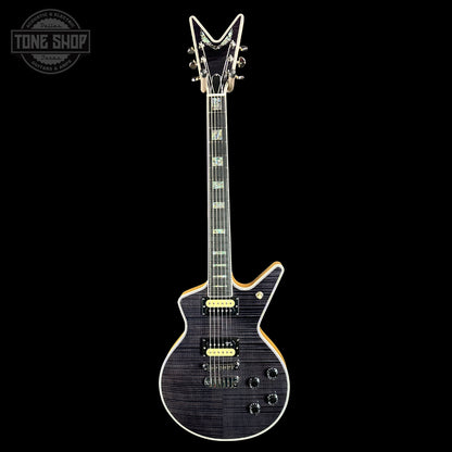 Full front of Dean USA Custom Shop Cadillac Trans Black Korina/Flamed Maple Abalone.