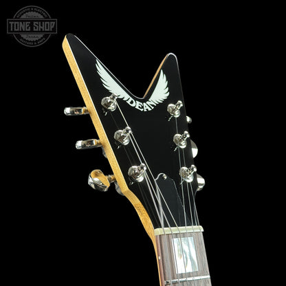 Front angle of headstock of Dean USA Custom Shop Cadillac Natural Korina Single Hum.