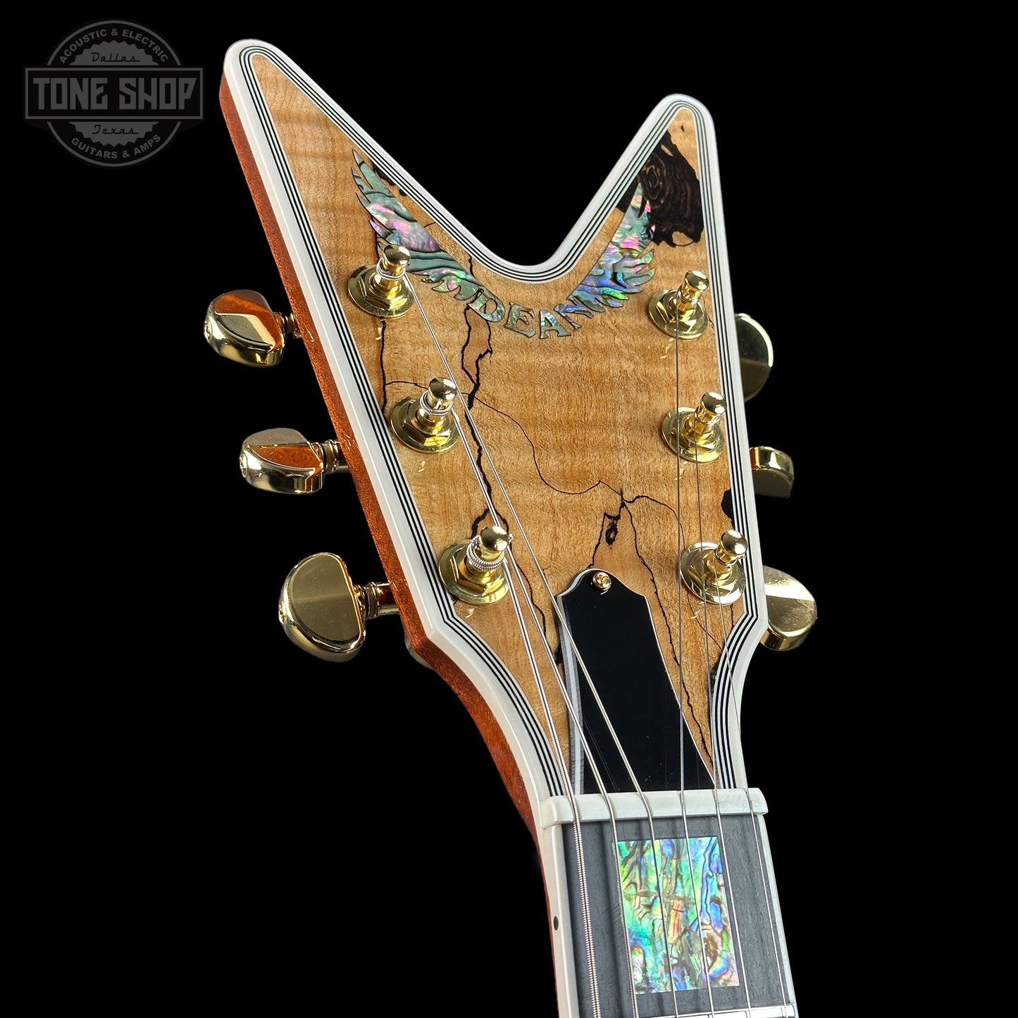 Headstock of Dean USA Custom Shop Cadillac Spalted Maple Gold Hardware.