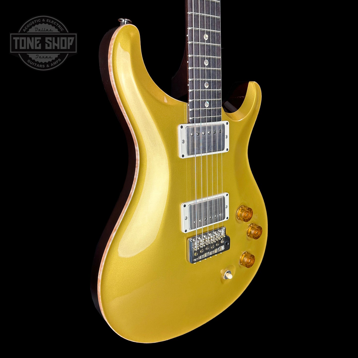 Front angle of PRS DGT David Grissom Trem Gold Top w/moons.