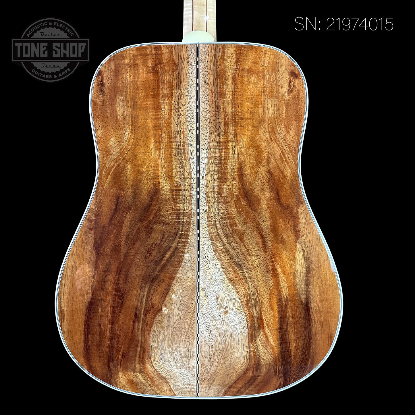 Back of Gibson Custom Shop Made 2 Measure All Koa Doves in Flight serial number 21974015.