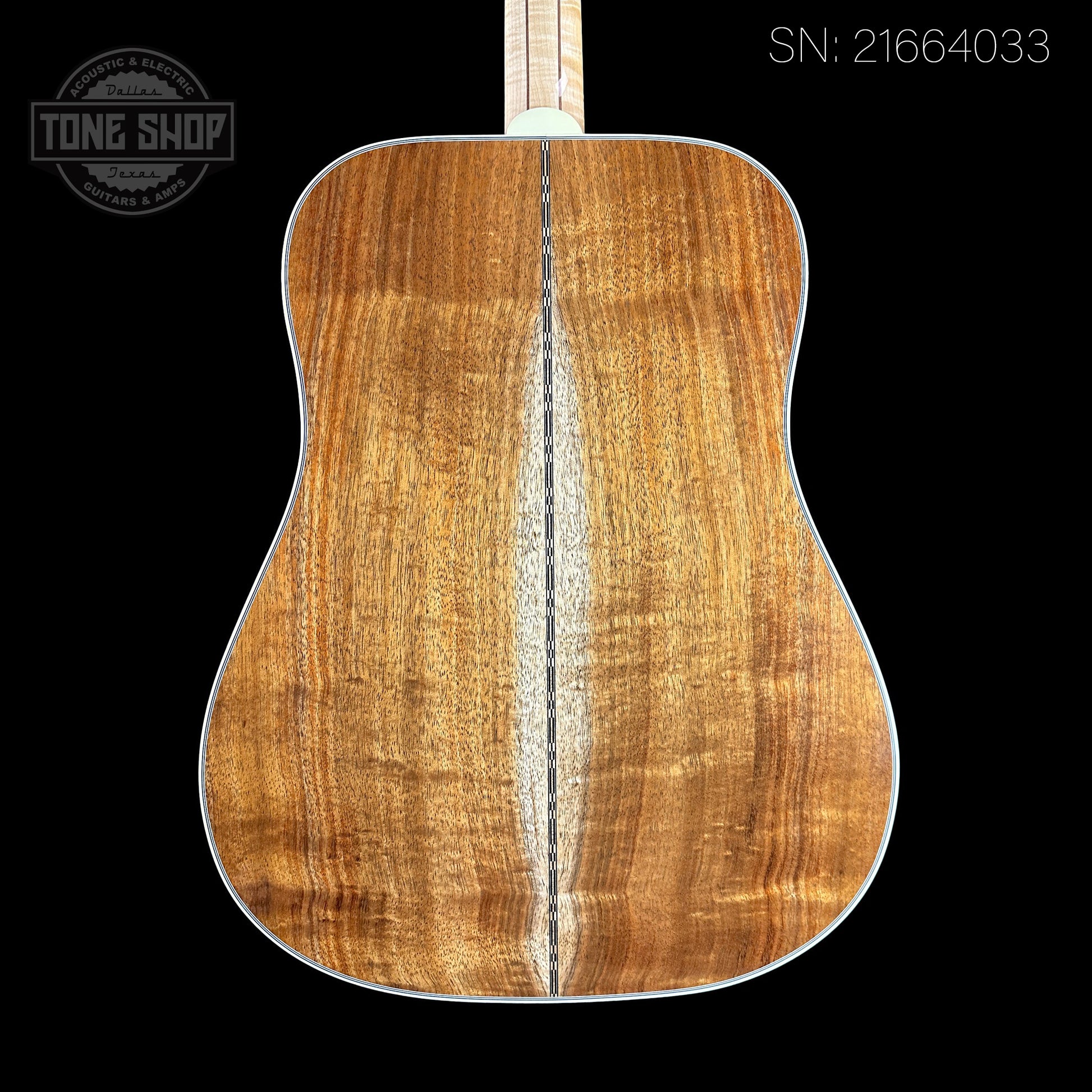 Back of serial number 21664033 of Gibson Custom Shop Made 2 Measure All Koa Doves in Flight.