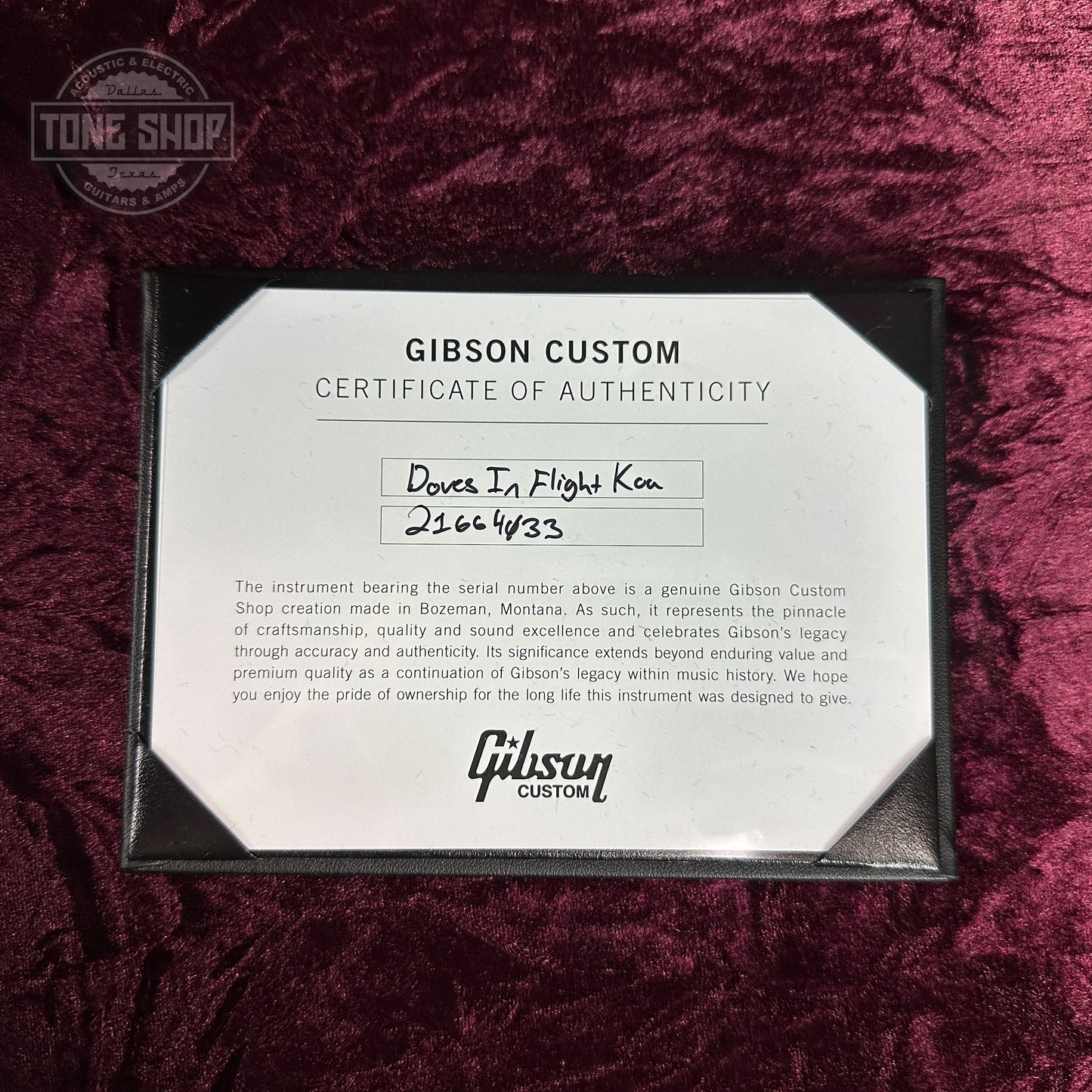 Certificate of authenticity for Gibson Custom Shop Made 2 Measure All Koa Doves in Flight.