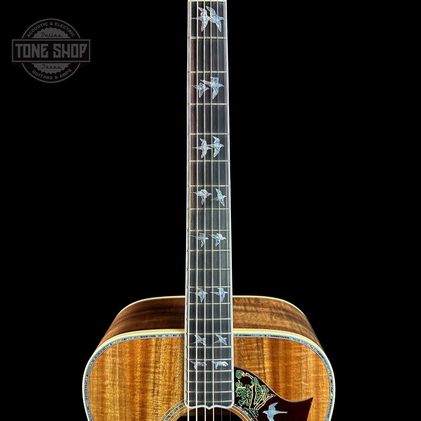 Fretboard of Gibson Custom Shop Made 2 Measure All Koa Doves in Flight.